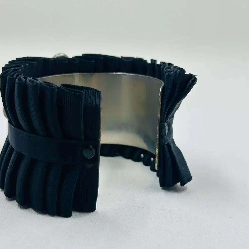 Black Pleated Ribbon Cuff Bracelet Cream Faux Pearl Rhinestone Costume Jewelry